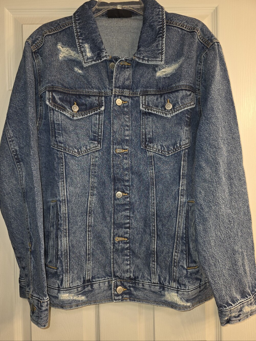 Men's No Boundaries Distressed Denim Jean Trucker Jacket Sz Large (42-44)